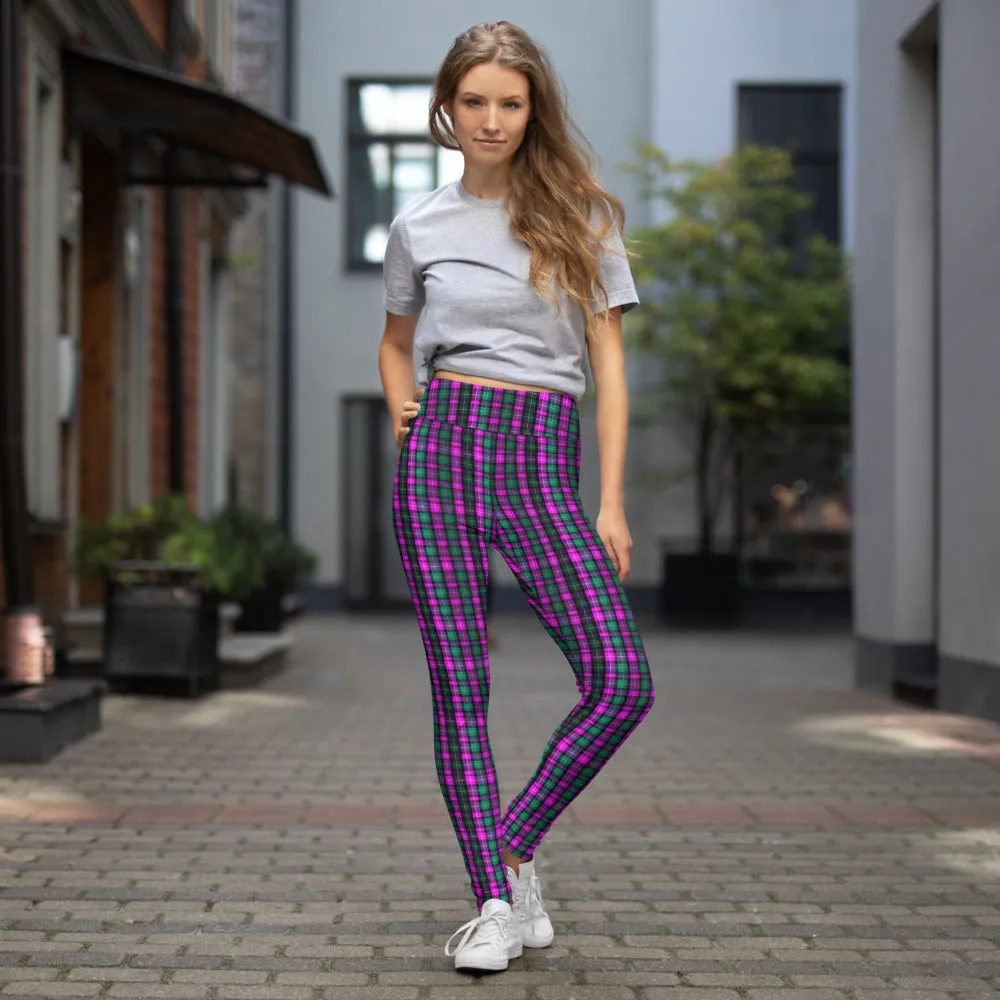 Pink Green Plaid Yoga Leggings, Scottish Tartan Print Women's Long Yoga Tights-Made in USA/EU