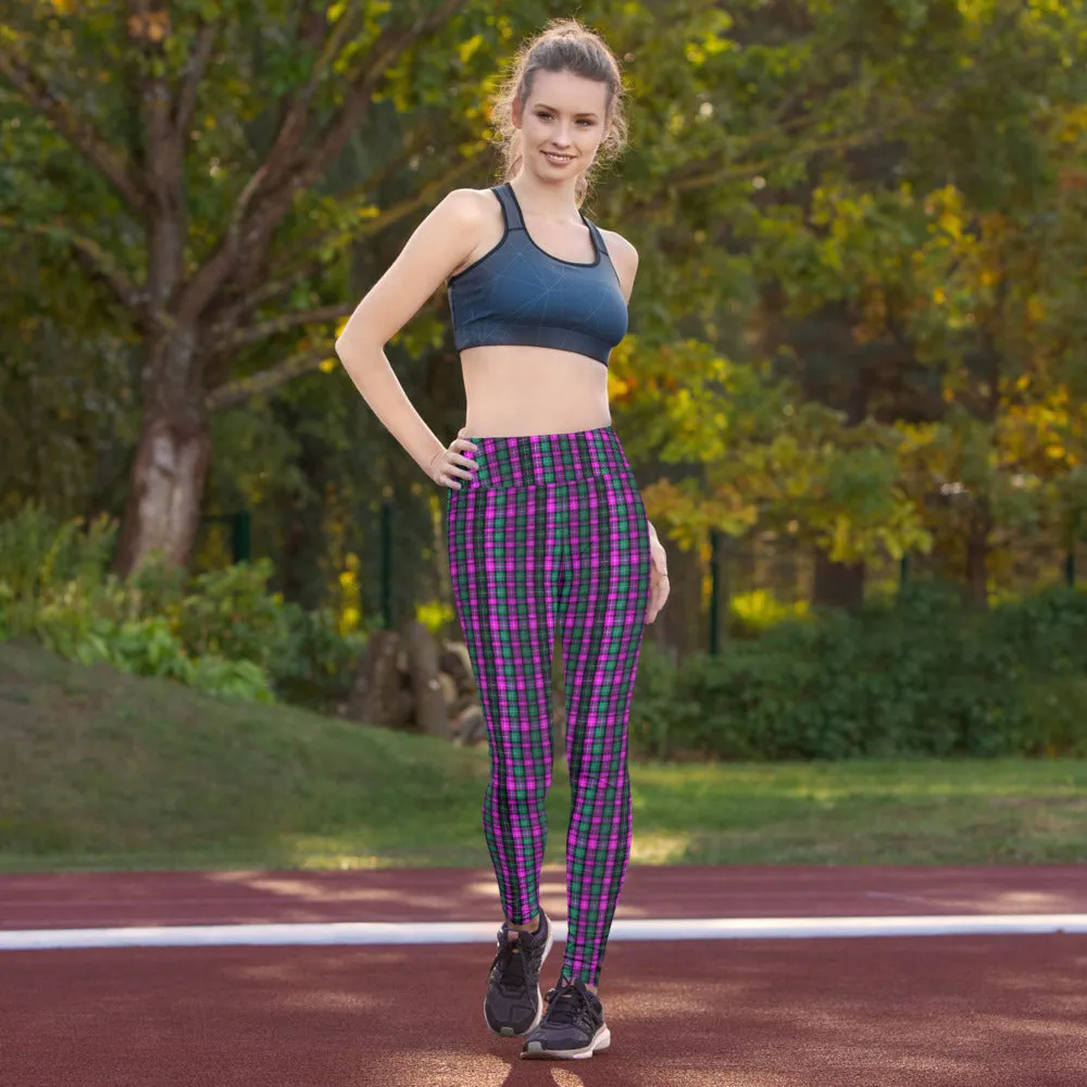 Pink Green Plaid Yoga Leggings, Scottish Tartan Print Women's Long Yoga Tights-Made in USA/EU