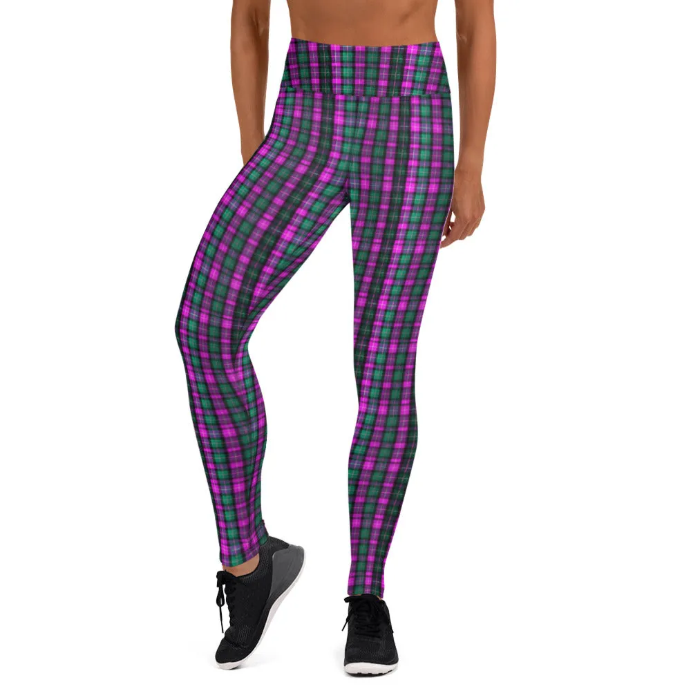 Pink Green Plaid Yoga Leggings, Scottish Tartan Print Women's Long Yoga Tights-Made in USA/EU