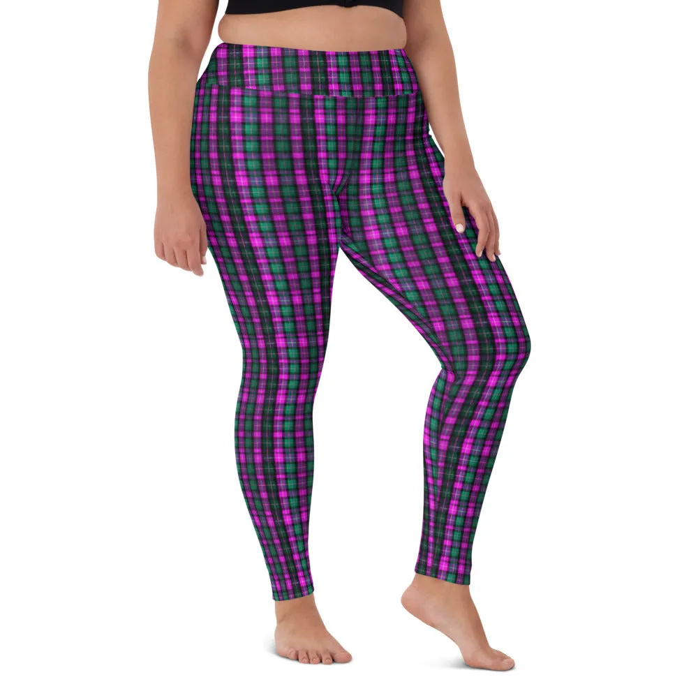 Pink Green Plaid Yoga Leggings, Scottish Tartan Print Women's Long Yoga Tights-Made in USA/EU