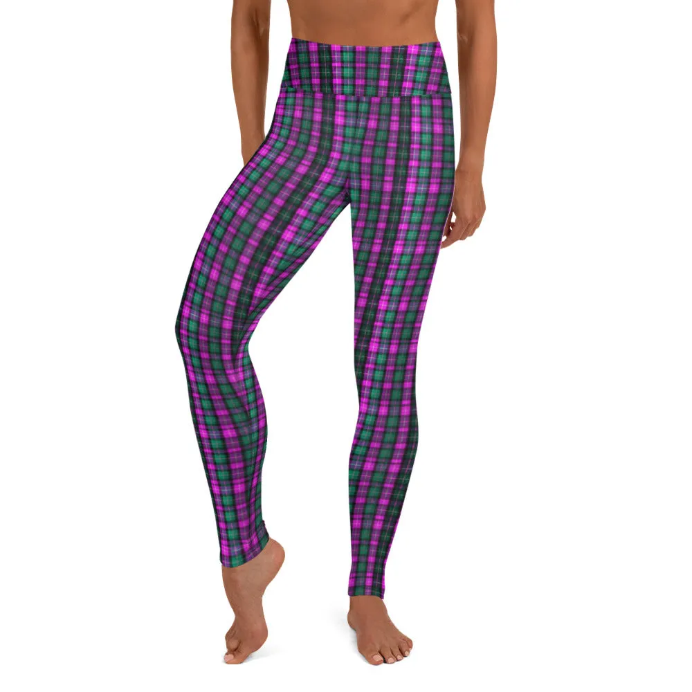 Pink Green Plaid Yoga Leggings, Scottish Tartan Print Women's Long Yoga Tights-Made in USA/EU