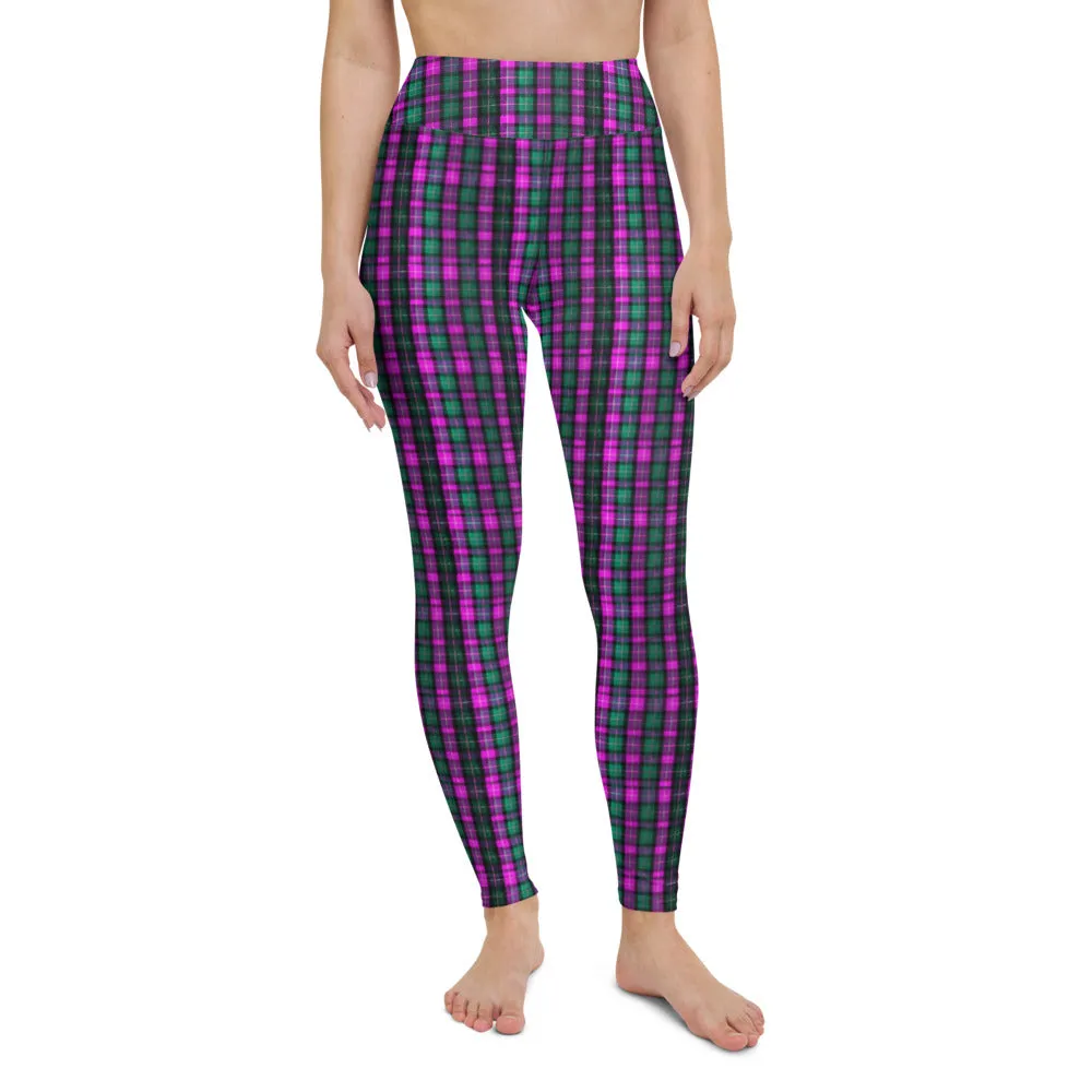 Pink Green Plaid Yoga Leggings, Scottish Tartan Print Women's Long Yoga Tights-Made in USA/EU