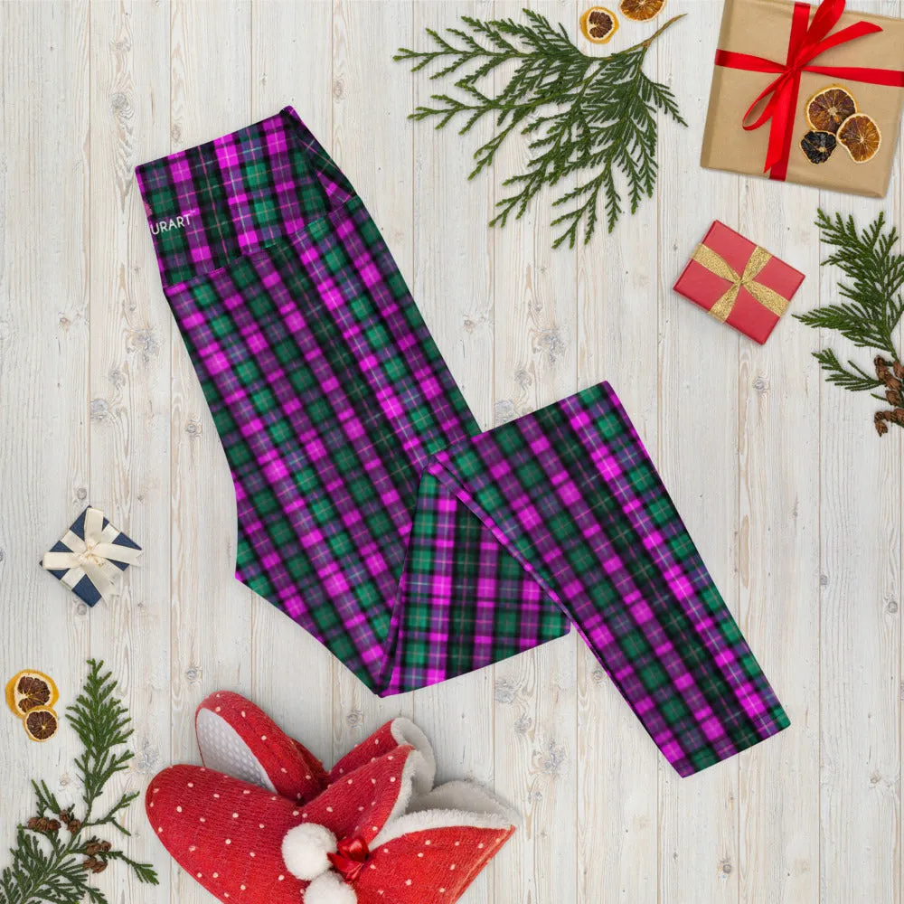 Pink Green Plaid Yoga Leggings, Scottish Tartan Print Women's Long Yoga Tights-Made in USA/EU