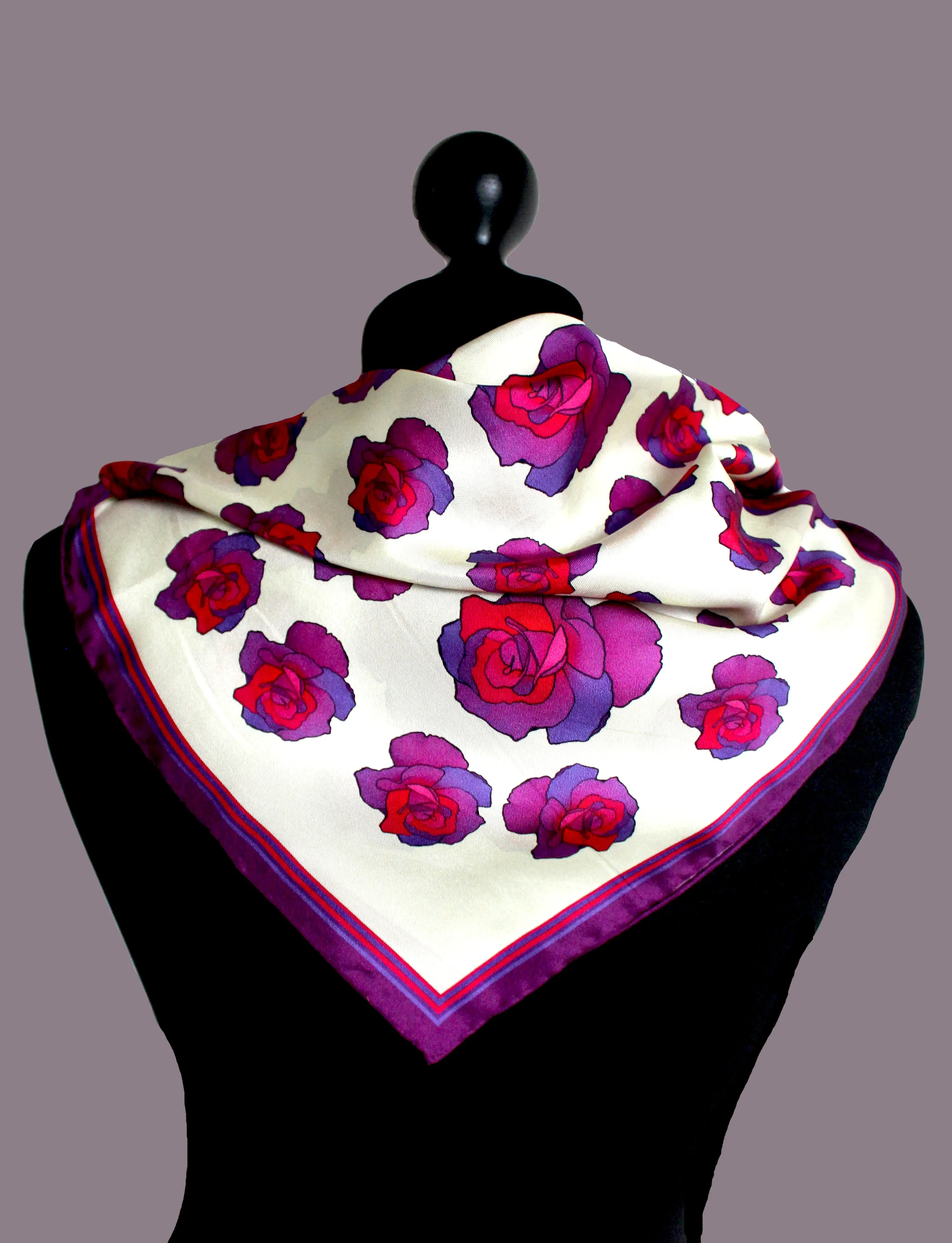 Pink/Purple, Roses in Cream, 100% Silk Twill, 70cm Square