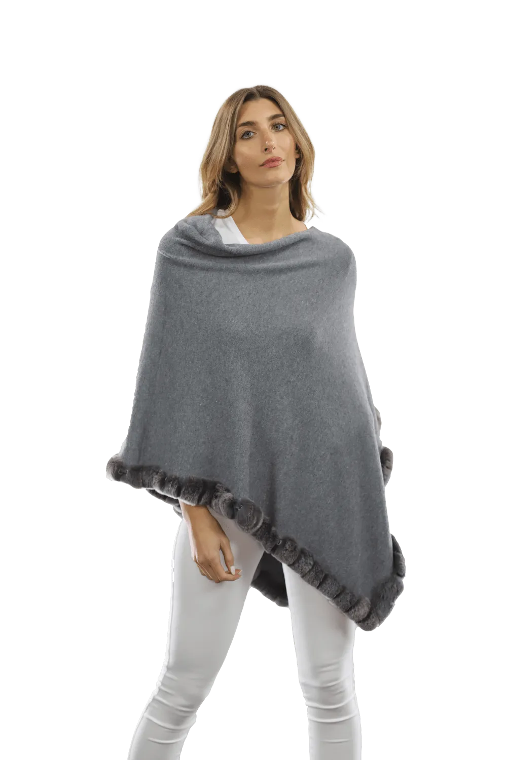 Poncho with Rex Rabbit Trim - Grey