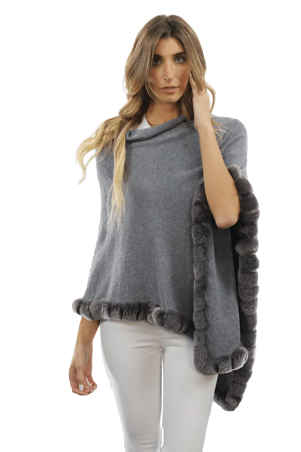 Poncho with Rex Rabbit Trim - Grey