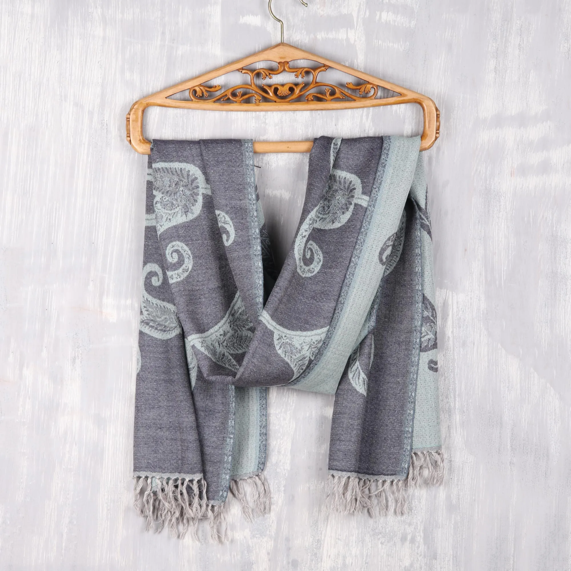 Reversible Leaf Motif Jamawar Wool Scarf in Grey-Blue - Subtle Garden in Grey-Blue | NOVICA