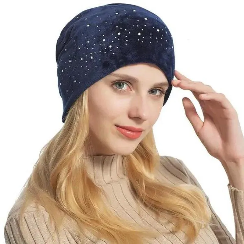 Rhinestone Beanie Velvet Soft