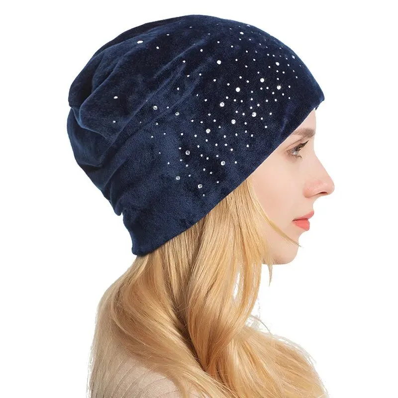 Rhinestone Beanie Velvet Soft