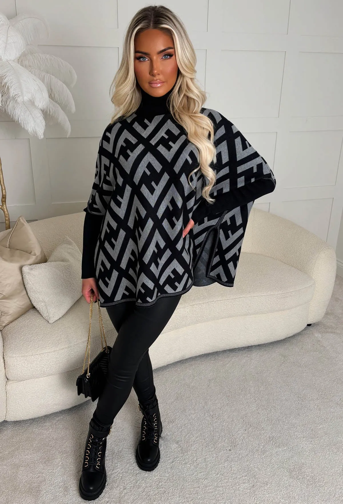 Risk My Love Monochrome Monogram Print High Neck Poncho Jumper