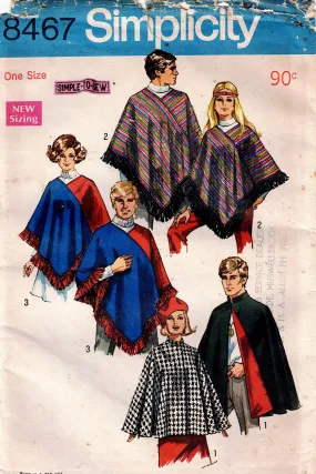 Simplicity 8467 Mens Womens UNISEX Poncho & Cape 1960s Vintage Sewing Pattern ONE SIZE UNCUT Factory Folded