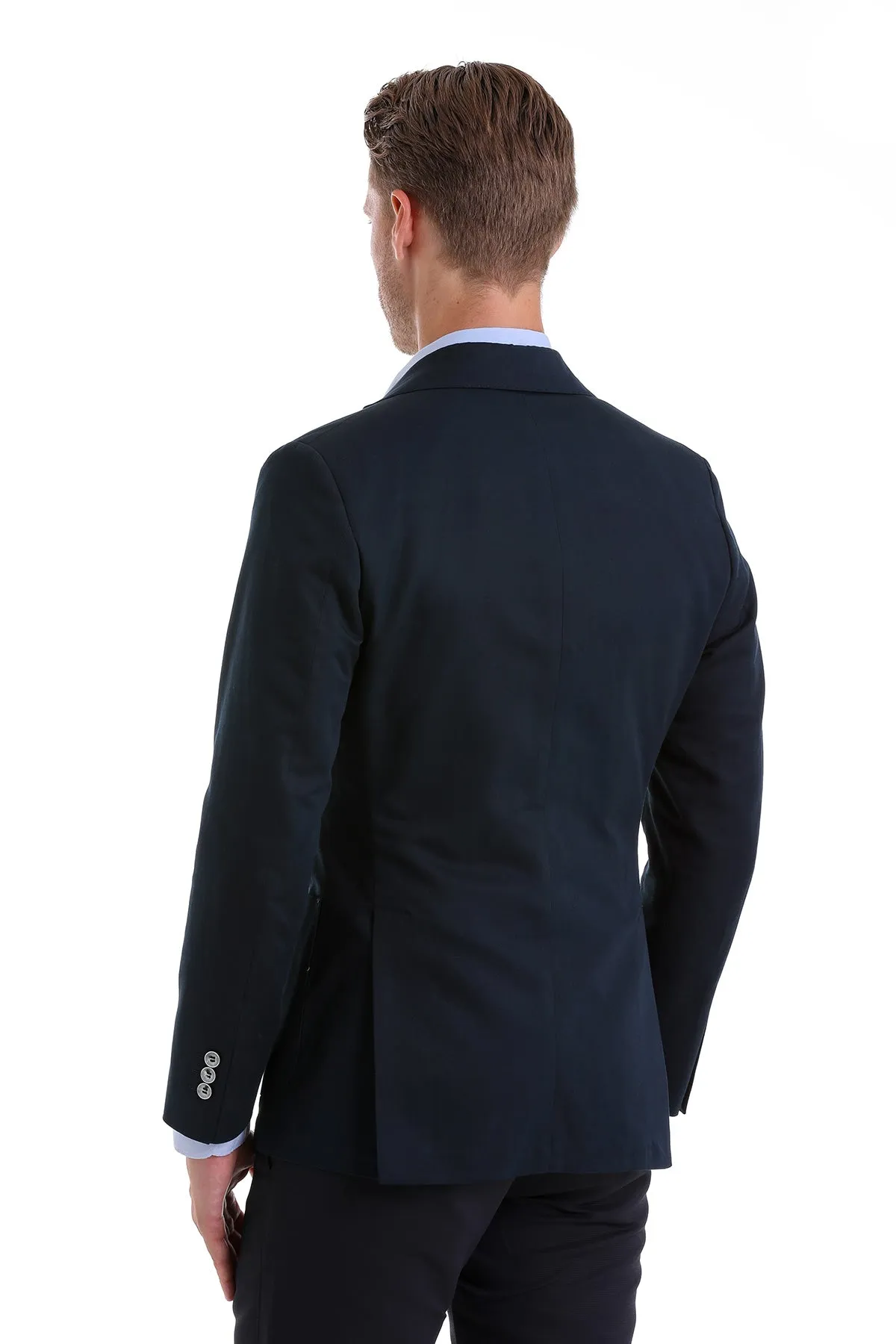 Slim Fit Notch Lapel Plain Navy Linen Casual Blazer