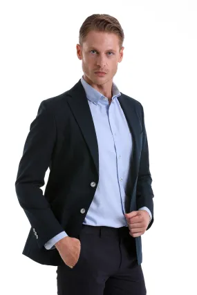 Slim Fit Notch Lapel Plain Navy Linen Casual Blazer