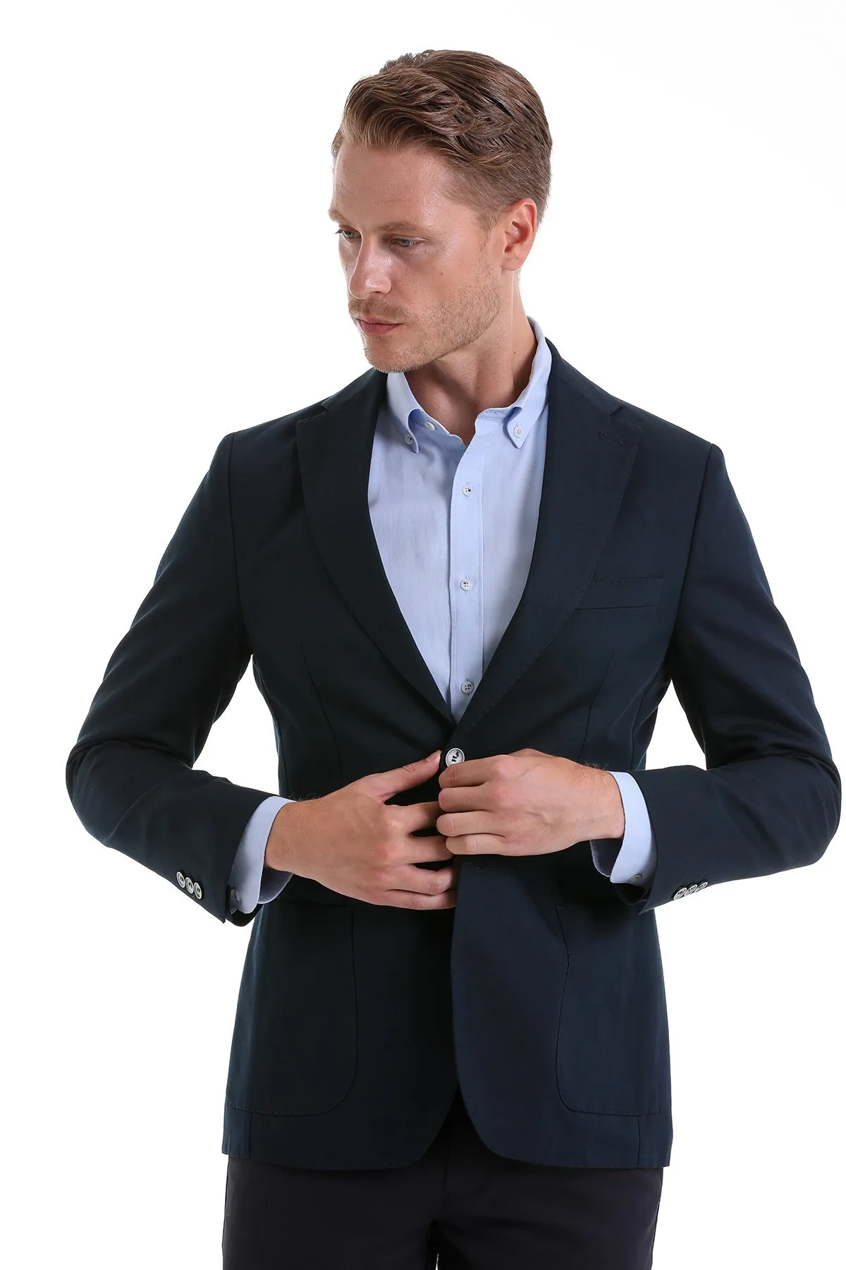 Slim Fit Notch Lapel Plain Navy Linen Casual Blazer