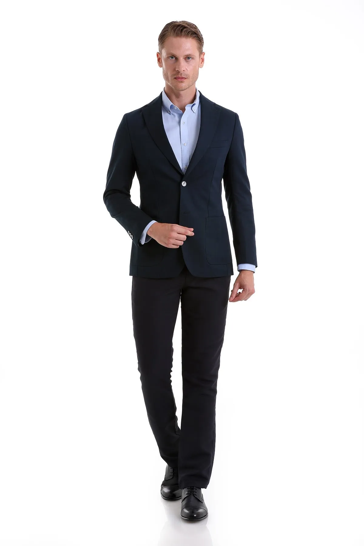 Slim Fit Notch Lapel Plain Navy Linen Casual Blazer