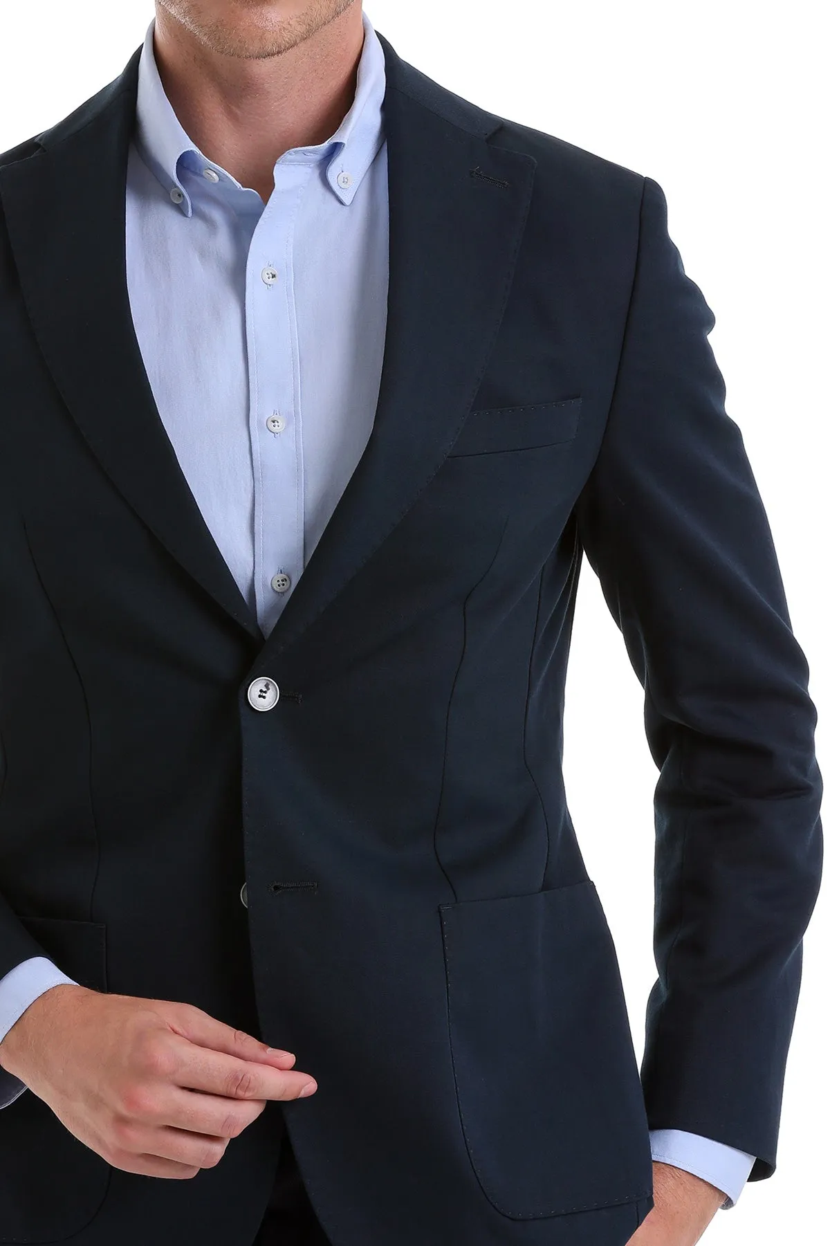 Slim Fit Notch Lapel Plain Navy Linen Casual Blazer