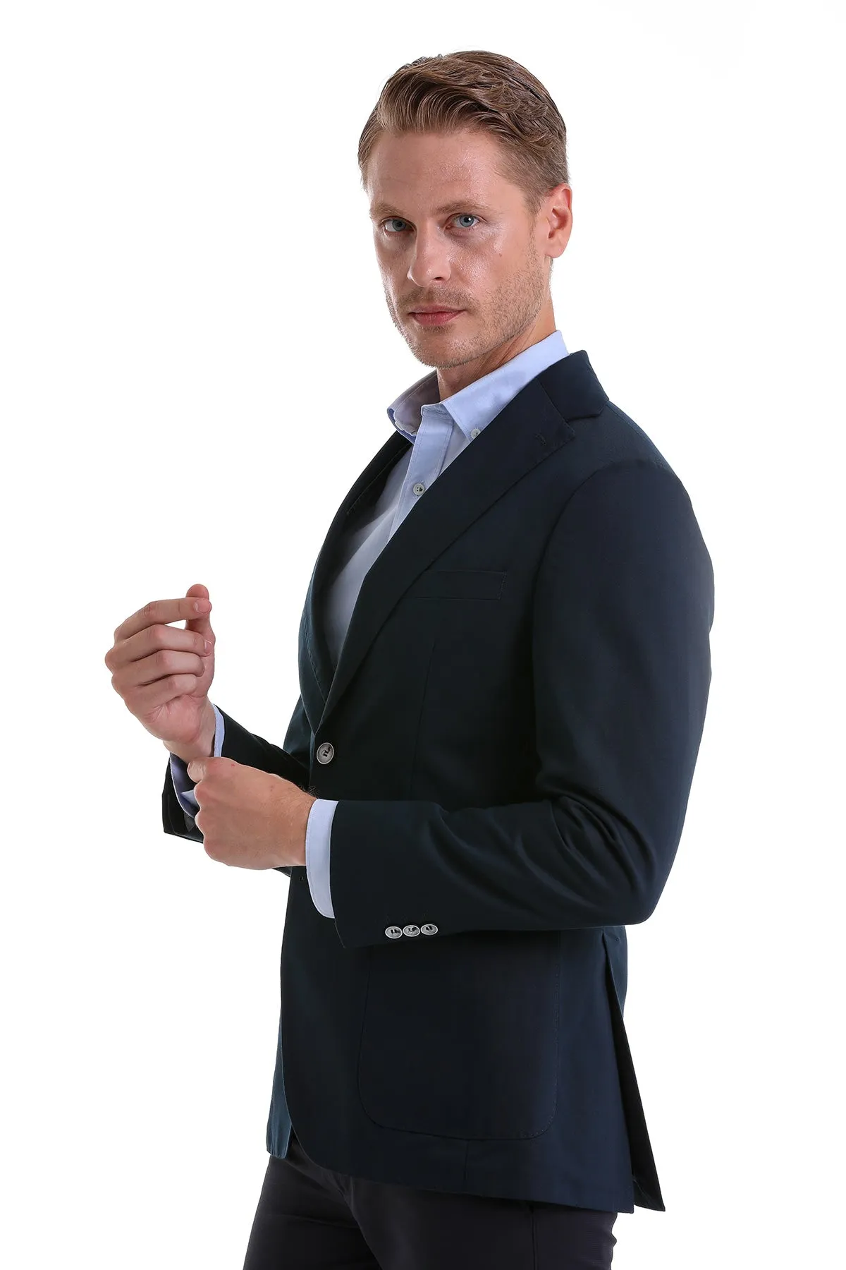 Slim Fit Notch Lapel Plain Navy Linen Casual Blazer