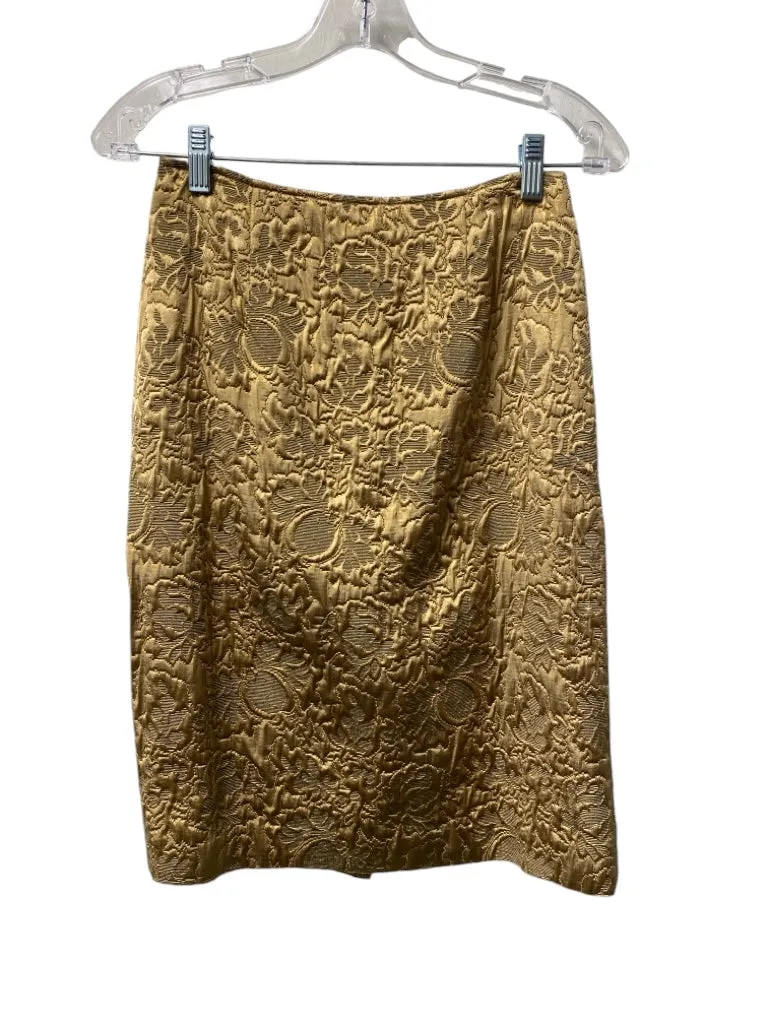 Teri Jon Size 2 Gold Cotton Blend Standing Collar Brocade Belted Skirt Set