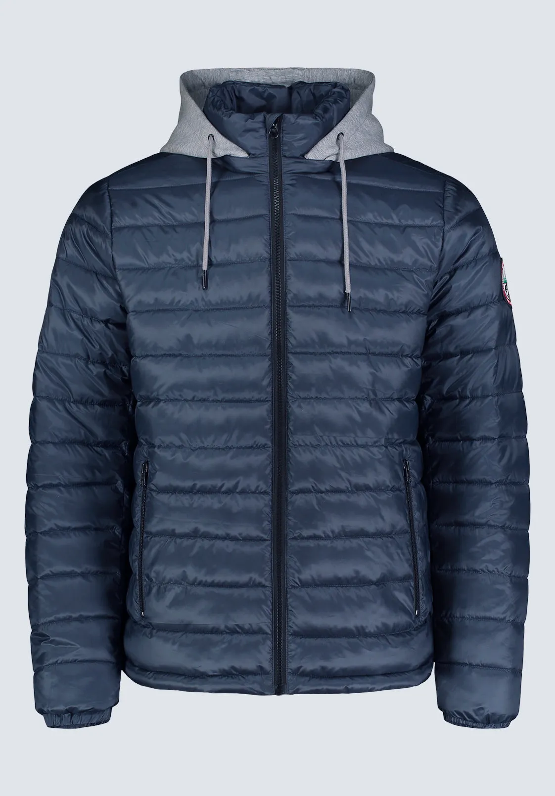 Vince Men’s Quilted Puffer Zip-Up Jacket with Contrasting Hoodie, Navy - OBMFE003