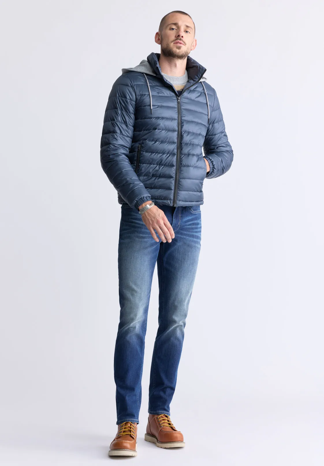 Vince Men’s Quilted Puffer Zip-Up Jacket with Contrasting Hoodie, Navy - OBMFE003