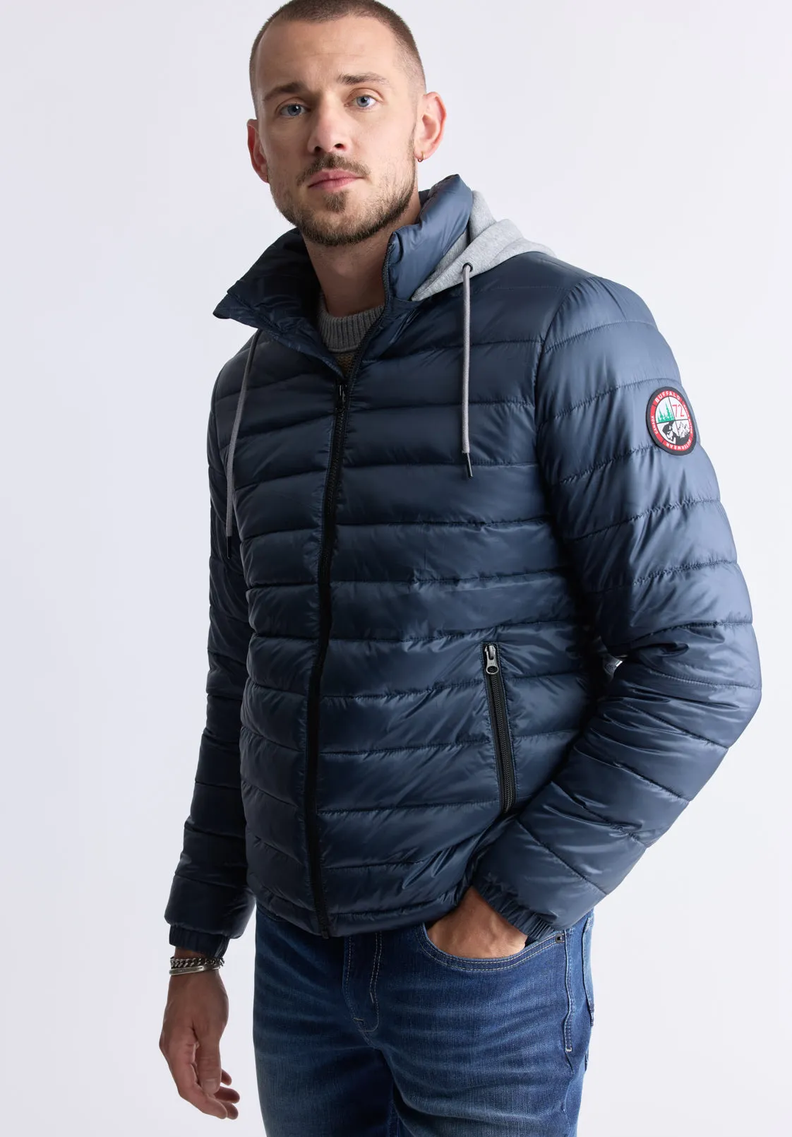 Vince Men’s Quilted Puffer Zip-Up Jacket with Contrasting Hoodie, Navy - OBMFE003