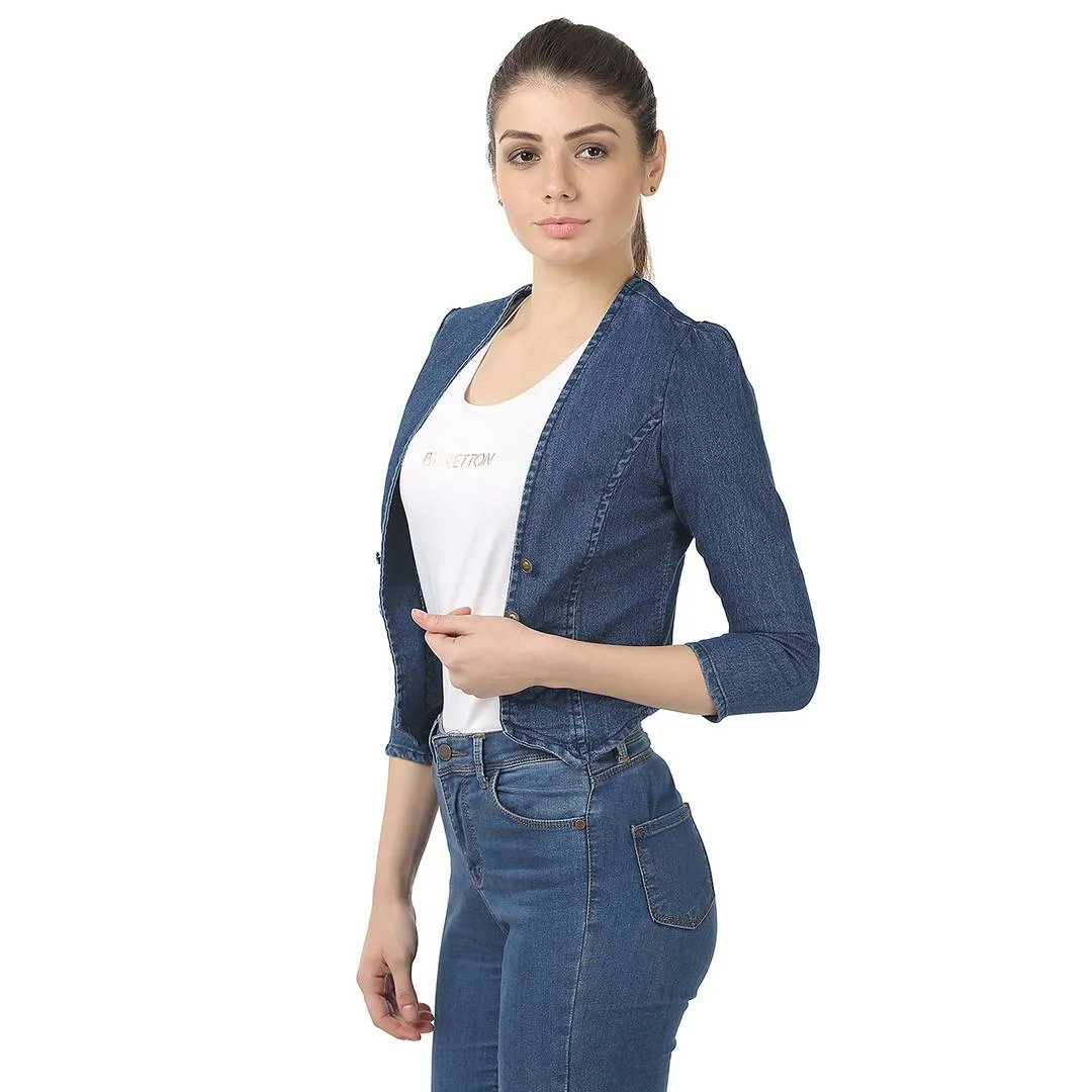 Women Dark Blue  3/4 Sleeve Denim Fashion Jacket