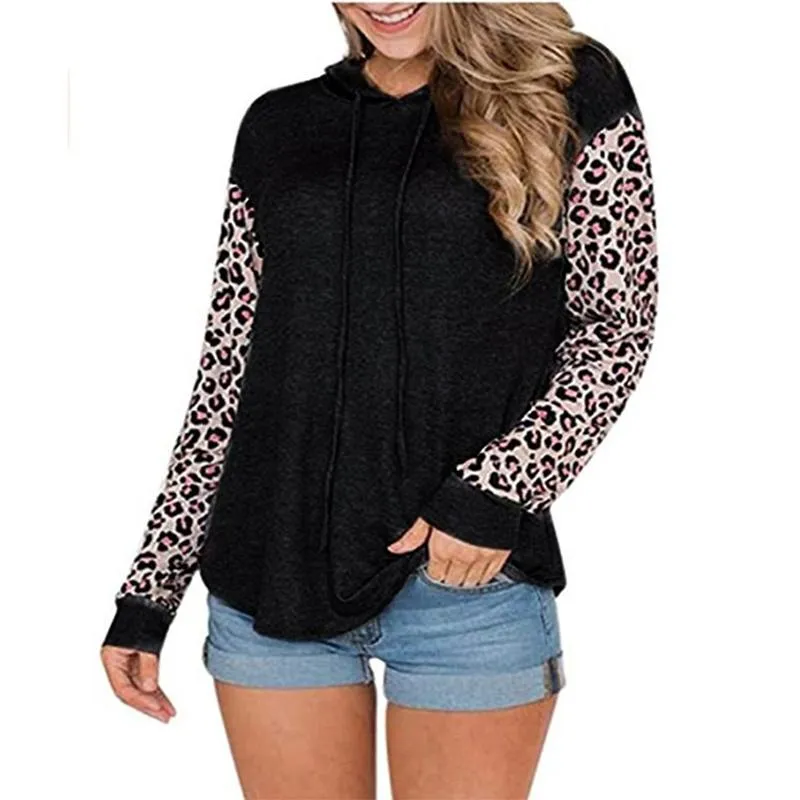 Women leopard long sleeve drawstring pullover crewneck sweatshirt