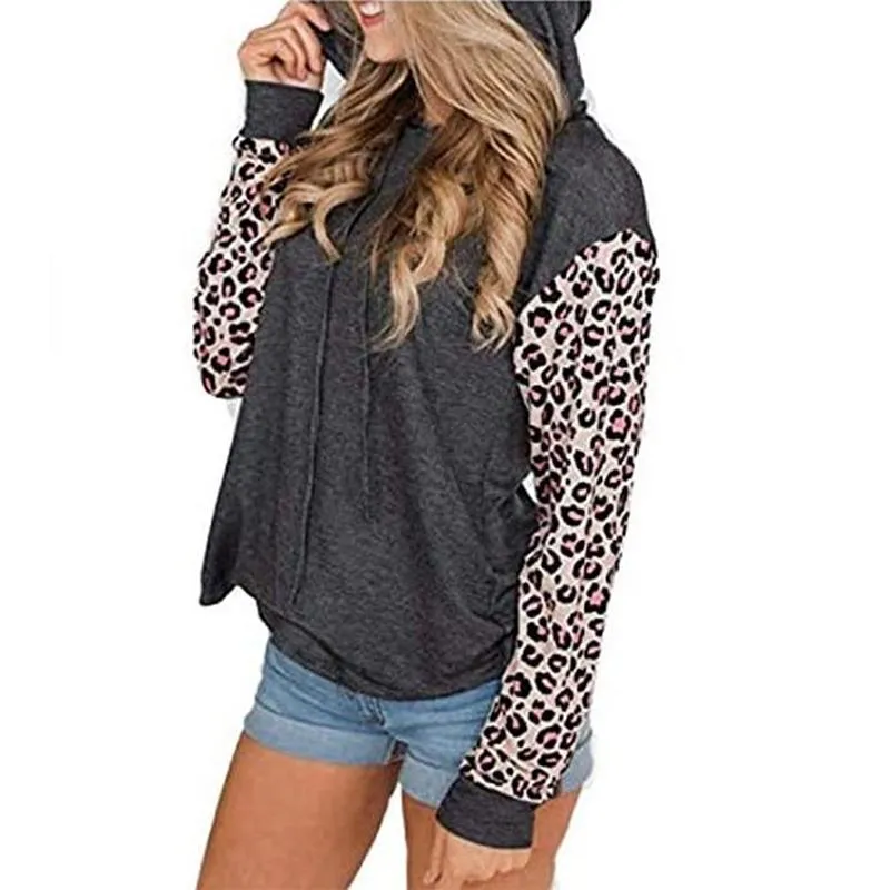 Women leopard long sleeve drawstring pullover crewneck sweatshirt