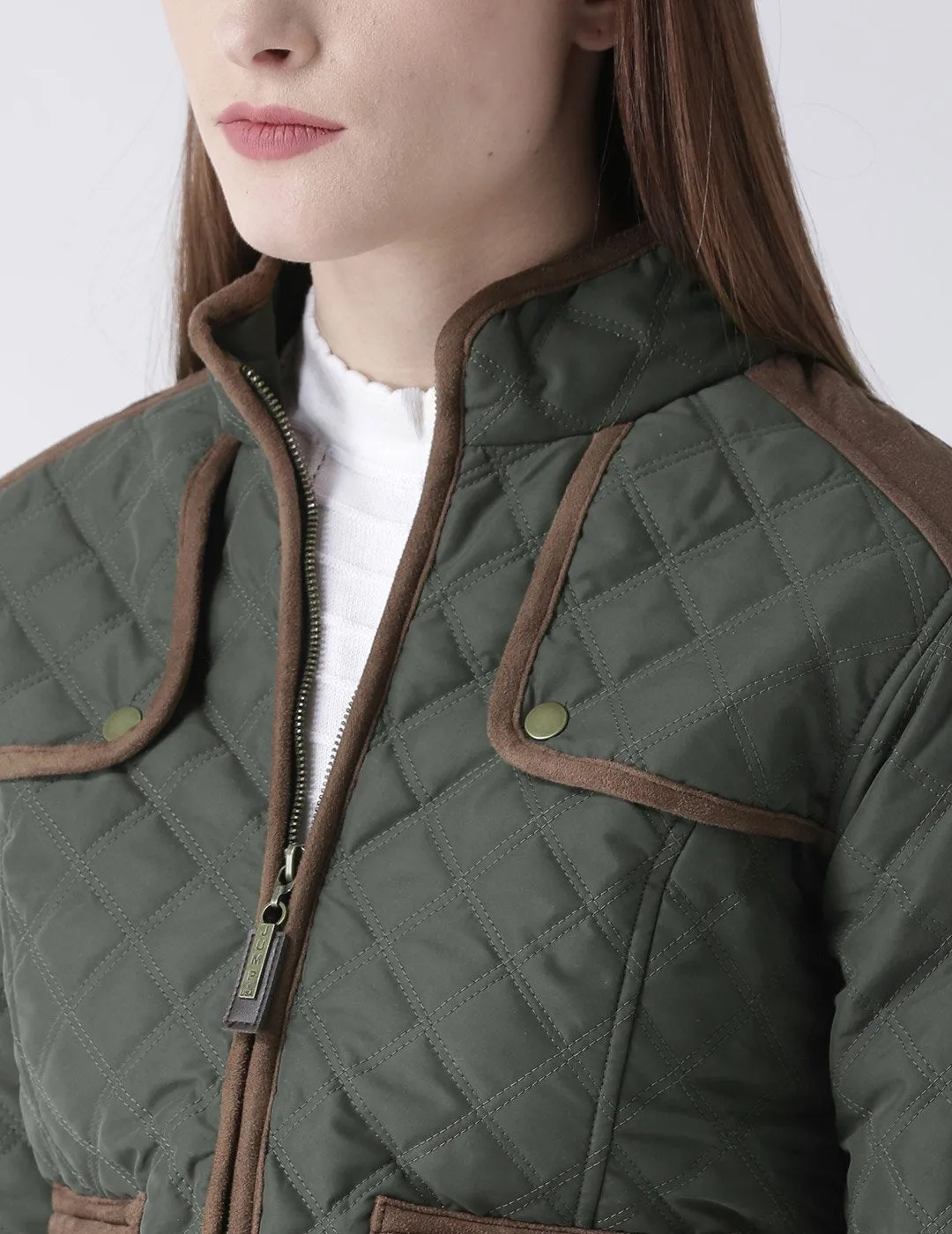 Women Polyster Casual Long Sleeve  Green Winter Jacket