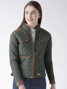 Women Polyster Casual Long Sleeve  Green Winter Jacket