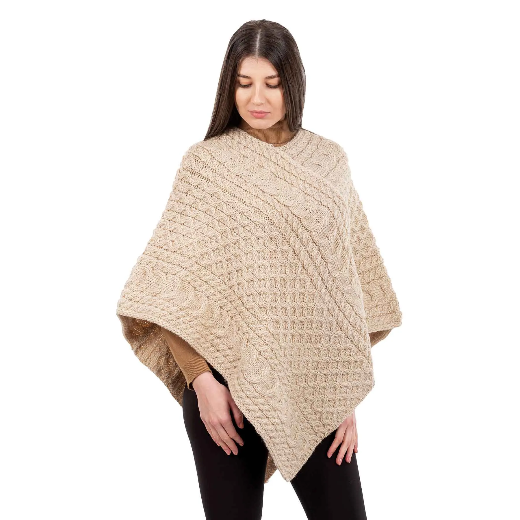 Women's Cable Knit Poncho, Parsnip