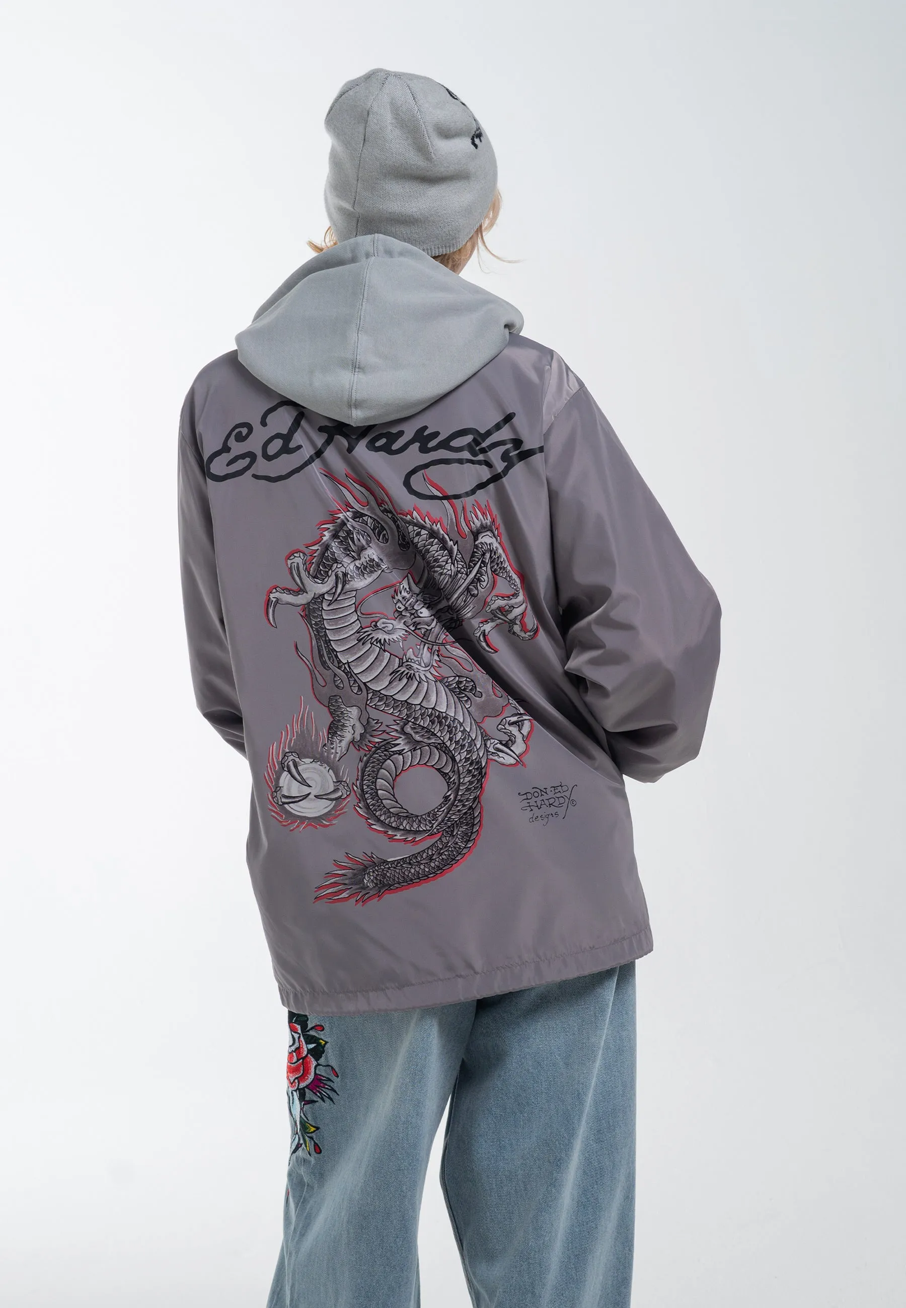 Womens Fireball Dragon Coach Jacket - Grey