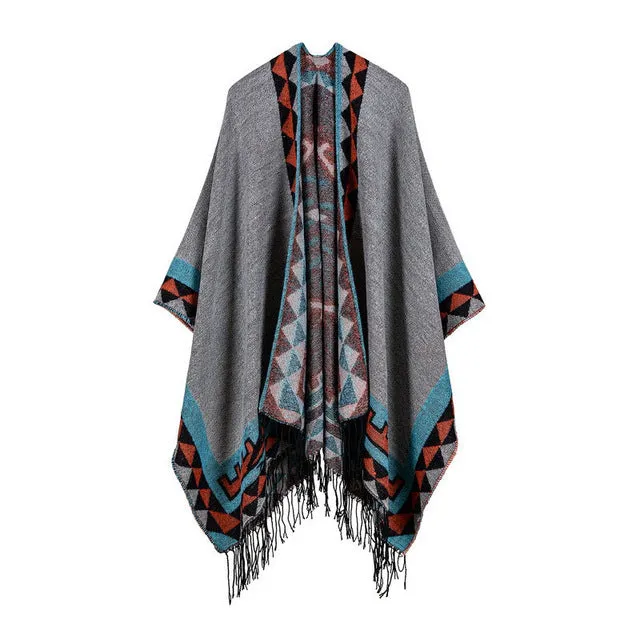 Women's Rhombus Design Fashion Winter Poncho Scarf with Tassel