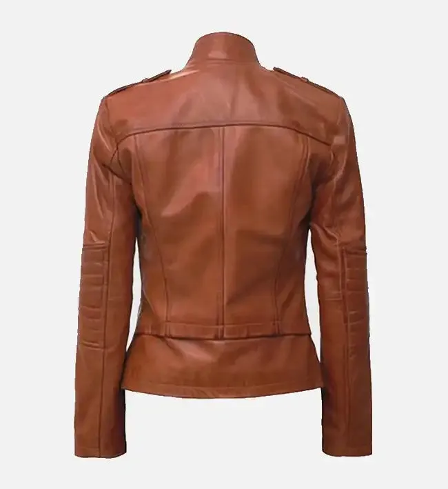 Women's Tan Leather Cafe Racer Jacket